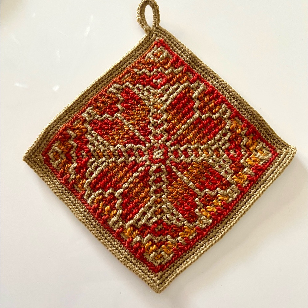 Handmade Crocheted Potholder in Red, Gold & Tan